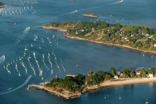 France, Morbihan, Ile aux Moines, aerial view of boats moored in water